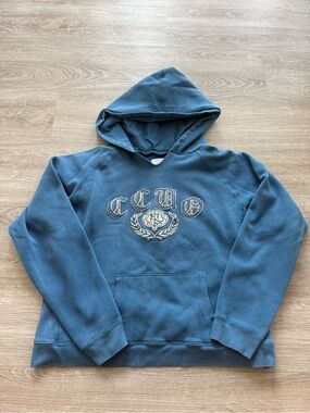 Blue Hooded Sweatshirt with Embroidered Crest - Campus Crew